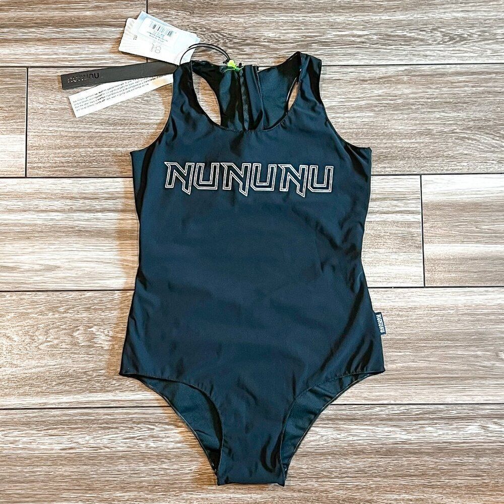 NWT! nununu black silver cut-out back swimsuit Size 10-11Y